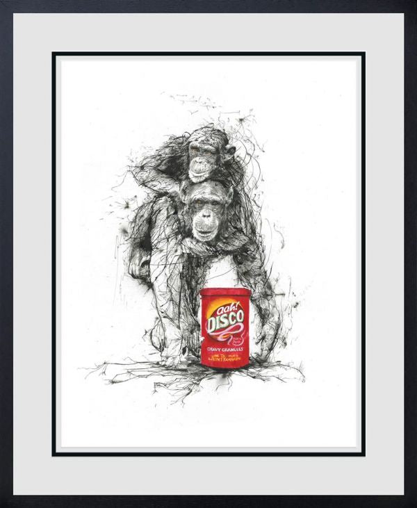 Limited edition print by Scott Tetlow, monochrome sketch of two chimpanzees beside a bright red gravy tin.