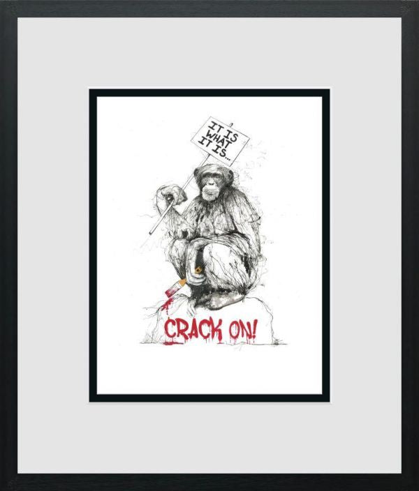 Limited edition print by Scott Tetlow, monochrome orangutan sketch with red “Crack On!” lettering and a humorous sign.