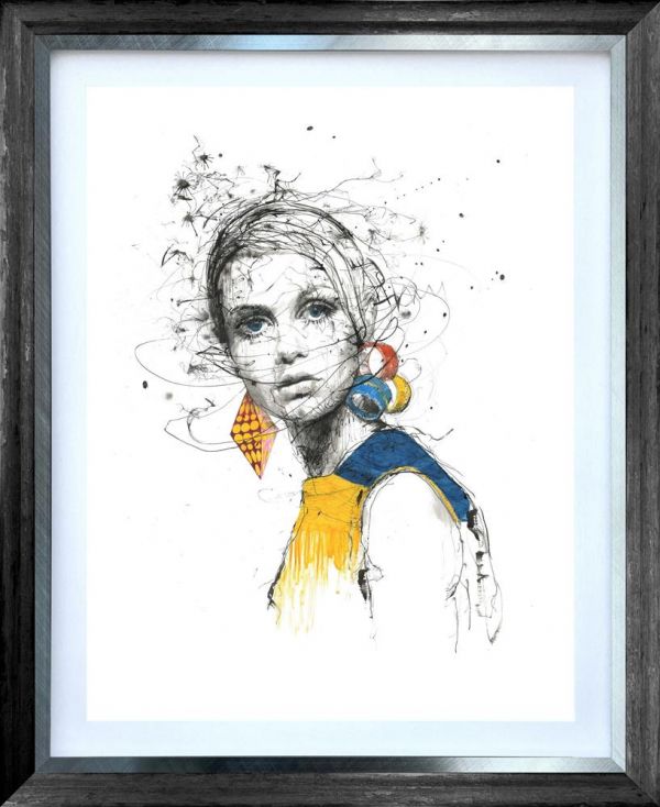 Limited edition portrait print by Scott Tetlow, featuring a woman in a yellow and blue outfit with colourful earrings and sketchy black linework.