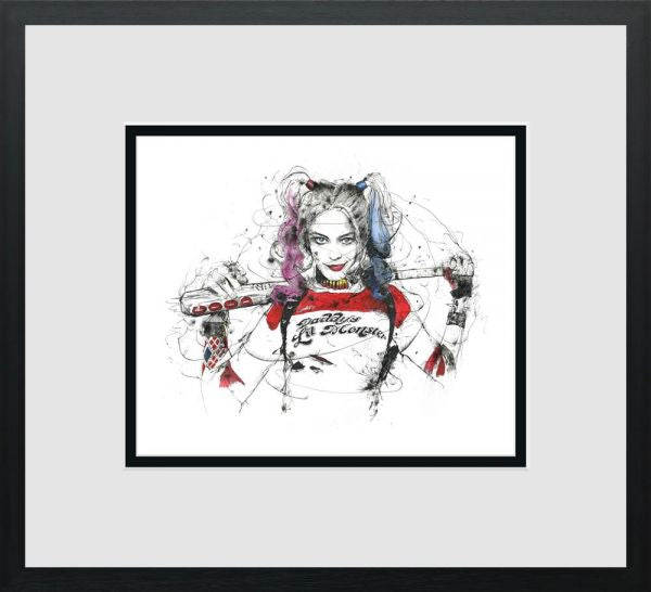 Giclée print by Scott Tetlow of a comic-style woman with pigtails, red and blue accents, and a bat across her shoulders.