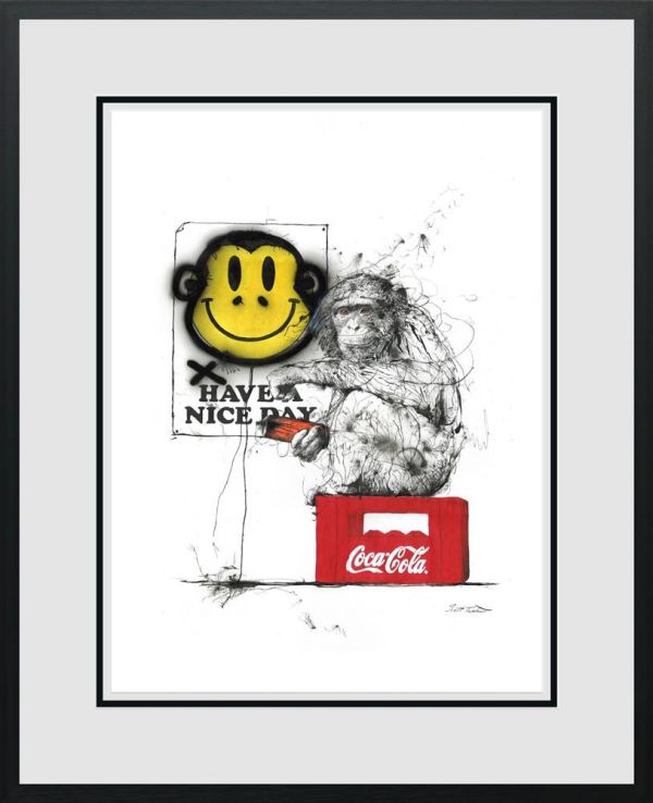 Giclée print by Scott Tetlow featuring a sketchy chimp beside a yellow smiley face and red Coca-Cola box.