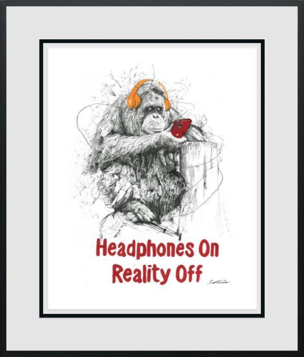 Giclée print by Scott Tetlow featuring a sketchy orangutan wearing orange headphones, with red lettering and a phone.