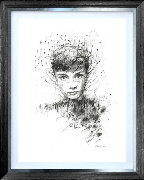 Limited edition Scott Tetlow print of Audrey Hepburn, a monochrome sketch on paper in a dark wood frame with a pale blue mount.