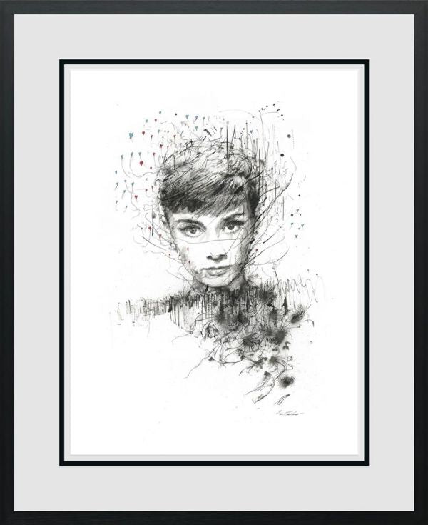 Limited edition Hepburn print by Scott Tetlow, monochrome sketch portrait with loose, expressive ink marks on paper.
