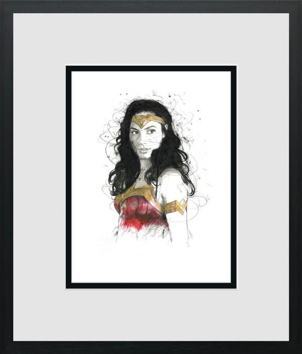 Framed Scott Tetlow miniature print of a dark-haired heroine in a red and gold costume, sketched in expressive lines