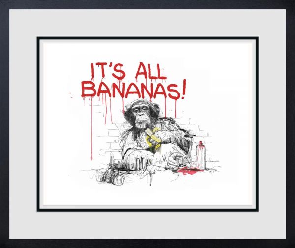 Limited edition print by Scott Tetlow featuring a sketchy gorilla holding a banana beneath red “It’s All Bananas” lettering.