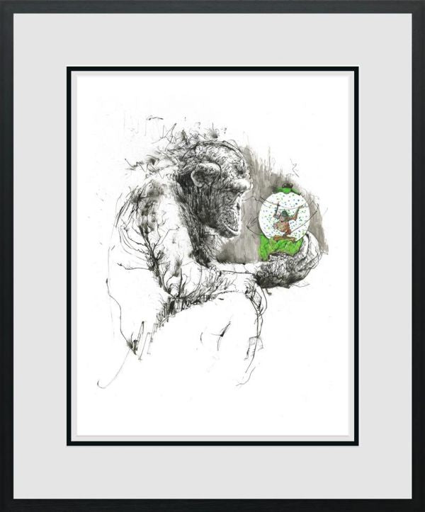 Limited edition Scott Tetlow chimpanzee print in black and grey, with a colorful decorated egg detail and black frame.