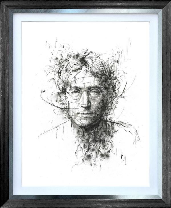 Scott Tetlow Lennon print, monochrome giclée on paper with expressive sketch-like portrait and dark wood frame