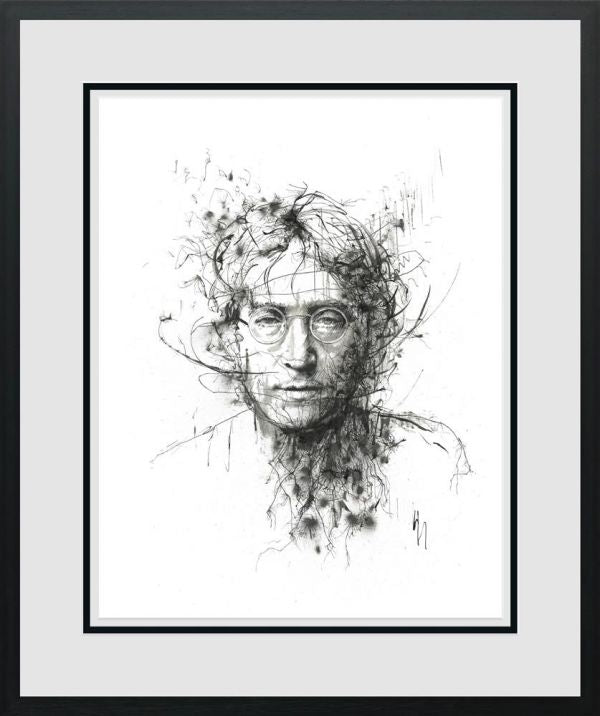 Limited edition print by Scott Tetlow, monochrome sketch portrait of John Lennon with expressive, tangled lines on white paper.