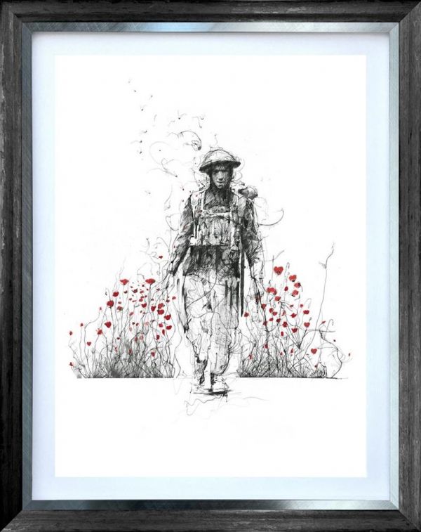 Limited edition print by Scott Tetlow, monochrome soldier surrounded by delicate red poppies, in a dark wood frame.