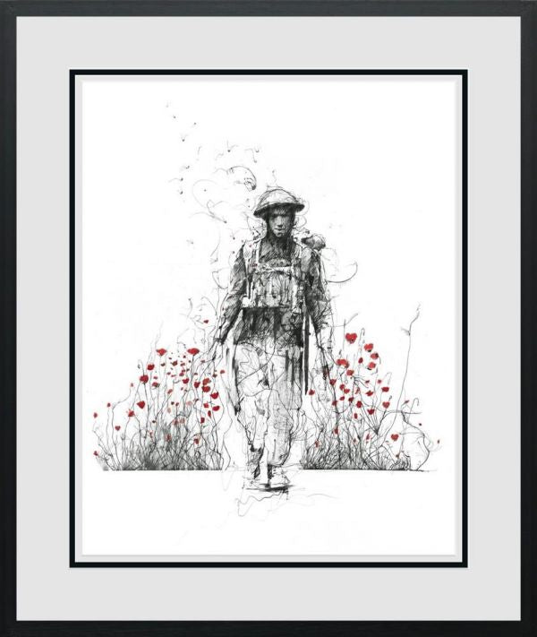 Limited edition print by Scott Tetlow, a monochrome sketch of a soldier among red poppies on paper.