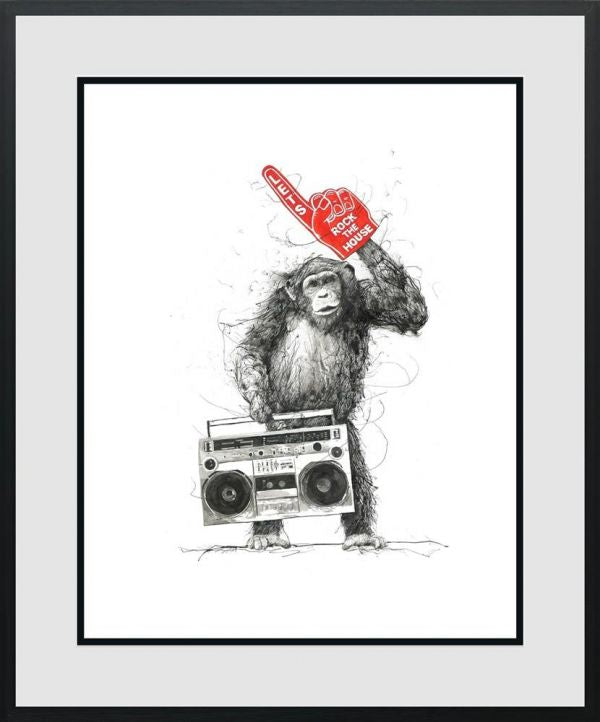Giclée print by Scott Tetlow featuring a shaggy ape with a boombox and red “Let’s Rock the House” foam hand.