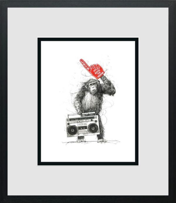 Scott Tetlow limited edition print of a shaggy ape with a boombox and red foam finger, in black and white with red accents.