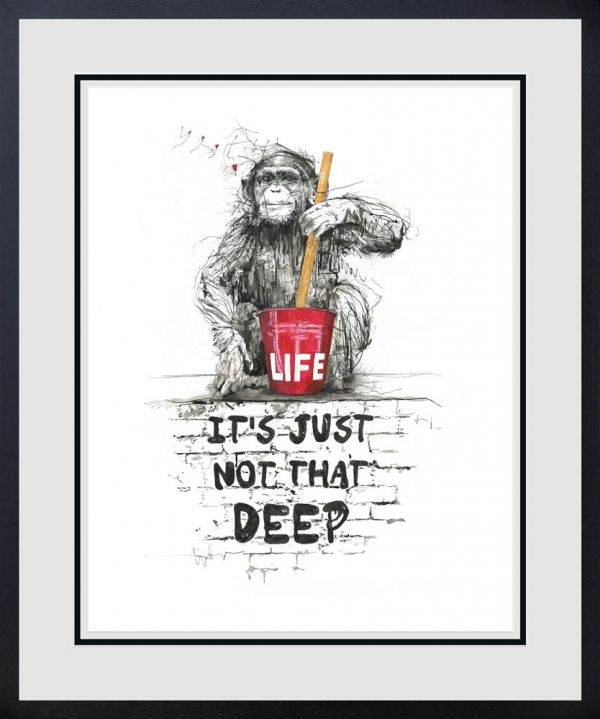 Limited edition print by Scott Tetlow, black-and-white sketch of an ape with a red cup reading “LIFE” and bold lettering.