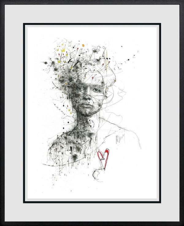 Limited edition Scott Tetlow print on paper, monochrome sketch portrait with delicate yellow accents and a red heart motif.