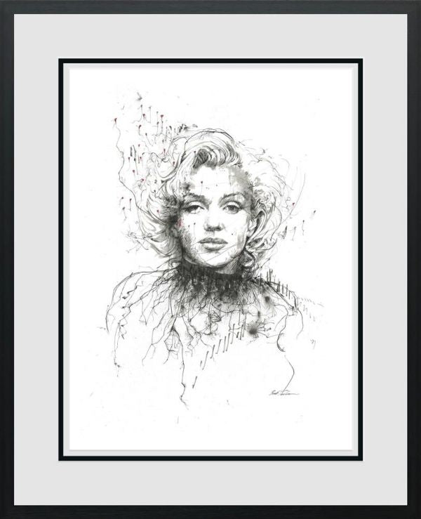 Limited edition print by Scott Tetlow, black-and-white sketch portrait of Marilyn Monroe on paper, framed with a white mount.