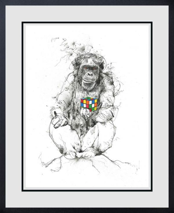Limited edition print by Scott Tetlow, featuring a sketchy black-and-white ape holding a bright multicoloured puzzle cube.