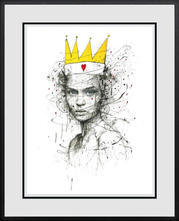 Limited edition print by Scott Tetlow, featuring a sketchy black-and-white portrait with a yellow crown and red heart.