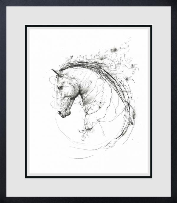 Limited edition print by Scott Tetlow, black-and-white horse sketch with flowing, gestural lines on paper, framed.