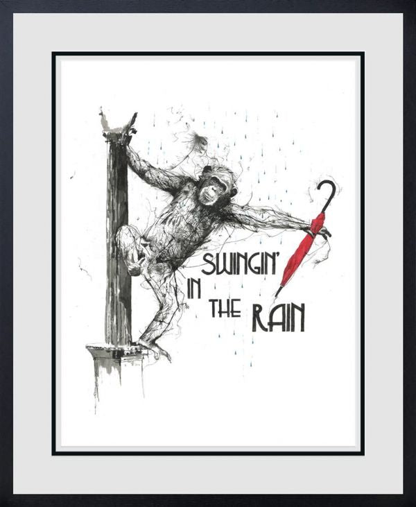 Limited edition print by Scott Tetlow, black-and-white sketch of a monkey swinging with a red umbrella and lettering.