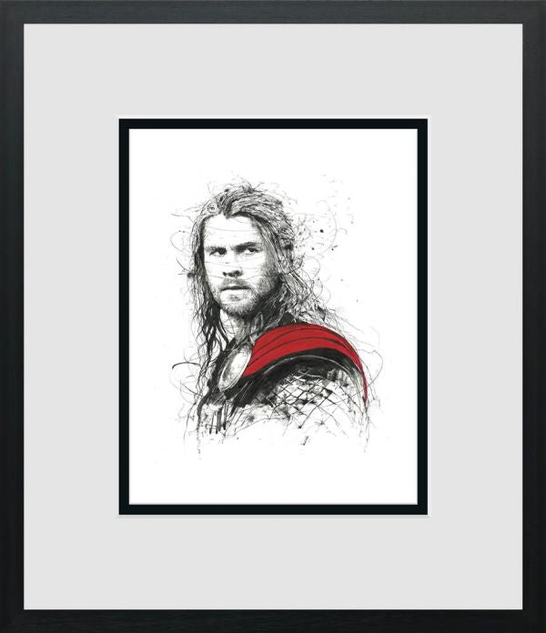 Limited-edition print by Scott Tetlow, featuring a black-and-white sketch portrait with a bold red shoulder cape, framed in black.