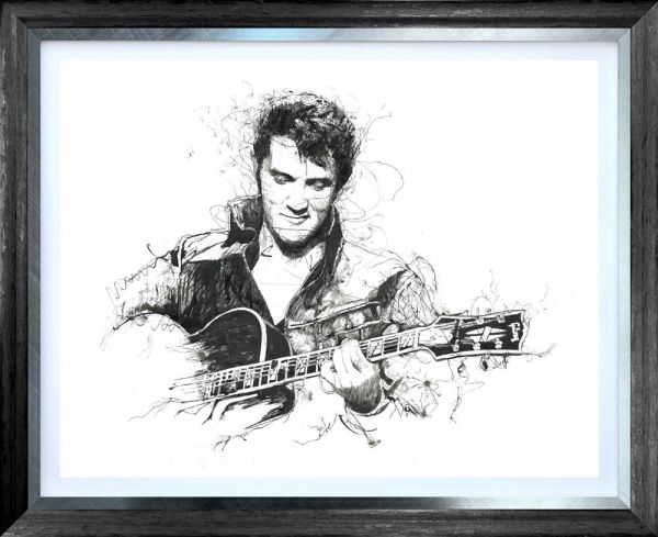 Limited edition print by Scott Tetlow, black-and-white sketch of Elvis Presley playing guitar on paper in a dark frame.