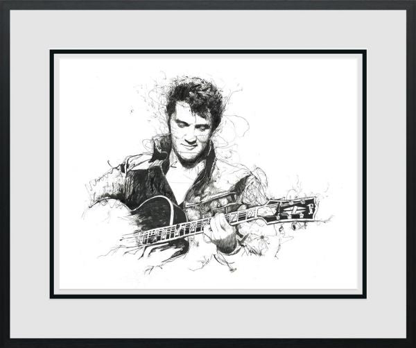 Limited edition print by Scott Tetlow, black-and-white sketch portrait of a musician playing guitar on paper.