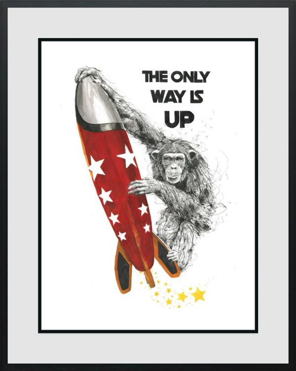 Limited edition art print by Scott Tetlow, depicting a red rocket with white stars and a chimpanzee alongside bold black lettering.