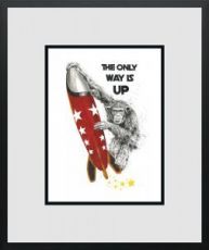 Limited edition print by Scott Tetlow featuring a red rocket with white stars and a black-and-white figure beneath “The Only Way Is Up” text.