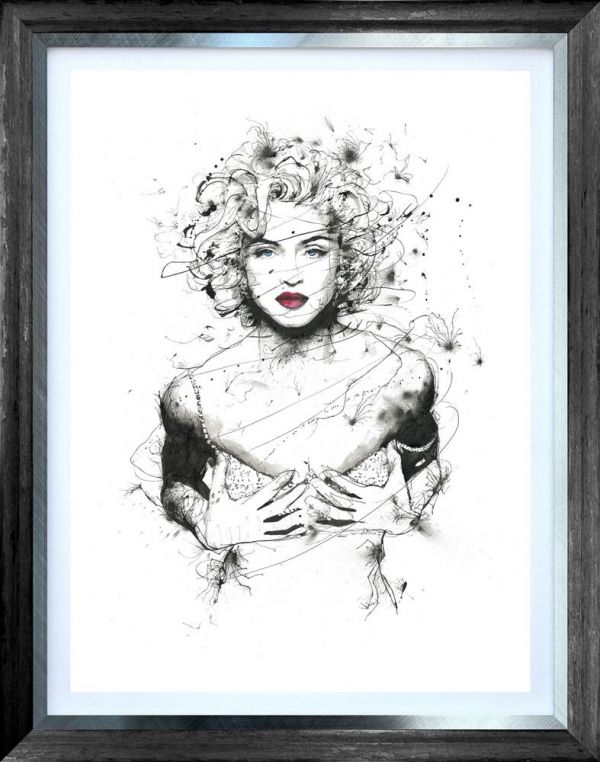 Portrait print by Scott Tetlow in monochrome ink, featuring a woman with red lips and expressive, swirling linework.