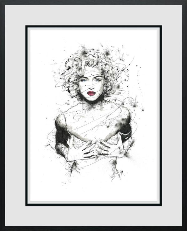 Limited edition print by Scott Tetlow, monochrome sketch of a woman with red lips and an elaborate headdress in a black frame.
