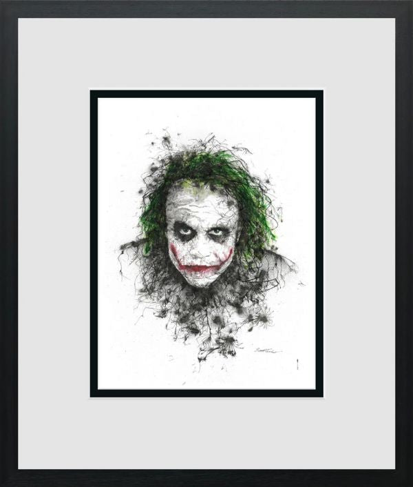 Limited edition print by Scott Tetlow, monochrome sketch of the Joker with green hair and red lips, framed in black.