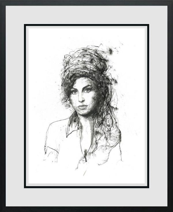 Limited edition Scott Tetlow print on paper, a monochrome sketch portrait of Amy Winehouse with tousled hair and bold eyeliner.