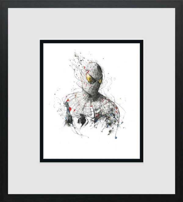 Limited edition giclée print by Scott Tetlow, featuring a sketchy Spider-Man portrait with red and blue accents in a black frame.