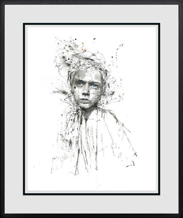 Limited edition Scott Tetlow print on paper, featuring a monochrome sketch portrait with subtle blue eyes and expressive ink splashes.