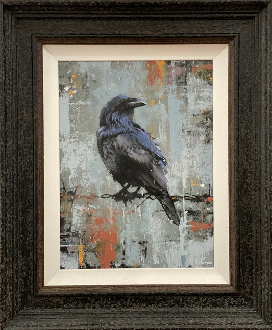 Original oil painting titled Titus by Shaun Tymon featuring a raven on barbed wire in a textured abstract background, hand signed and framed.