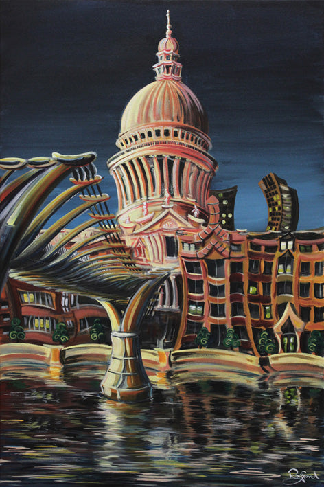 Limited edition giclee print "St. Pauls Millenium" by Rayford, featuring a stylized St. Paul's Cathedral and Millennium Bridge reflected in water.