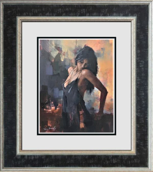 Aubergine Nights by Tony Hinchliffe, a beautiful limited edition canvas print of a young woman with dark hair in a seductive pose. Available from The Acorn Gallery in Pocklington. Order online or call us on 01759 307652.
