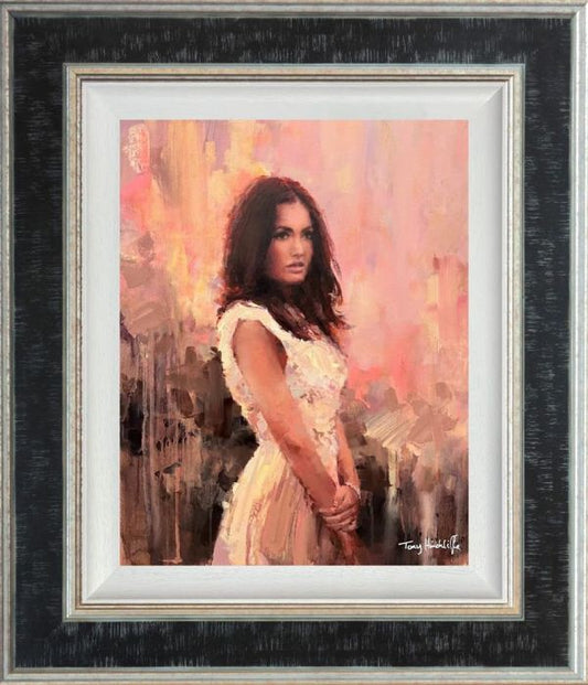 Be My Sunshine by Tony Hinchliffe, a beautiful limited edition canvas print of a young woman with dark hair wearing a white dress. Available from The Acorn Gallery in Pocklington. Order online or call us on 01759 307652.