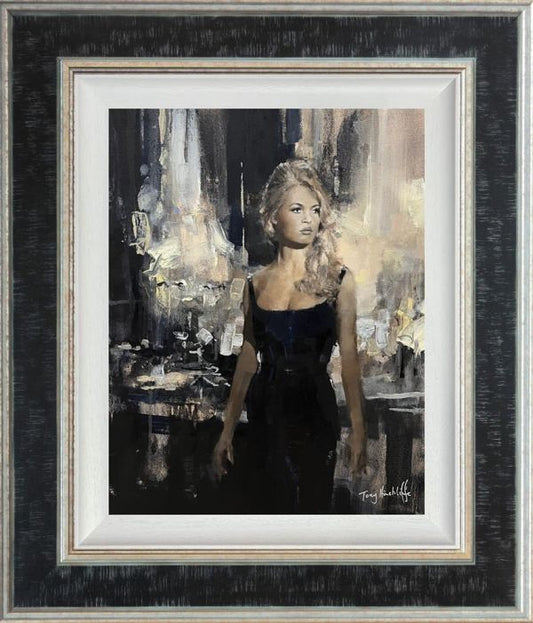 Dream Dreamer by Tony Hinchliffe, a beautiful limited edition canvas print of a young woman with blonde hair wearing a figure-hugging black evening dress. Available from The Acorn Gallery in Pocklington. Order online or call us on 01759 307652.