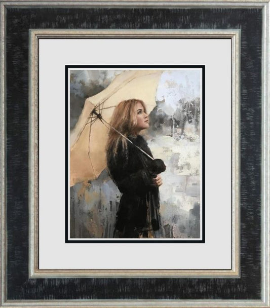 Vanilla Snowdrop by Tony Hinchliffe, a beautiful limited edition canvas print of a young woman with blonde hair in a dark coat holding a cream umbrella. Available from The Acorn Gallery in Pocklington. Order online or call us on 01759 307652.