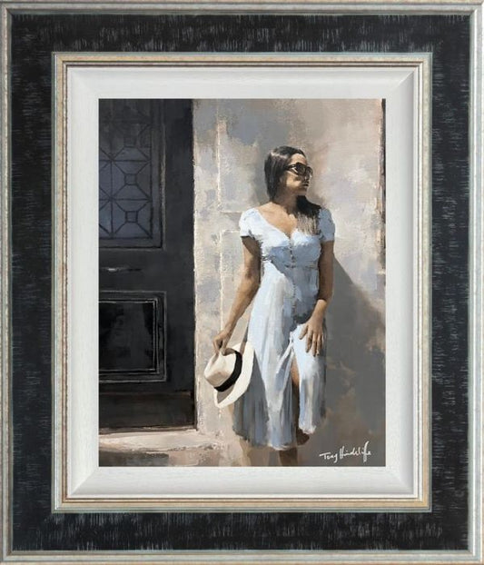 Vienna by Tony Hinchliffe, a beautiful limited edition canvas print of a young woman with dark hair wearing a pale blue dress with sunglasses and holding a fedora hat. Available from The Acorn Gallery in Pocklington. Order online or call us on 01759 307652.