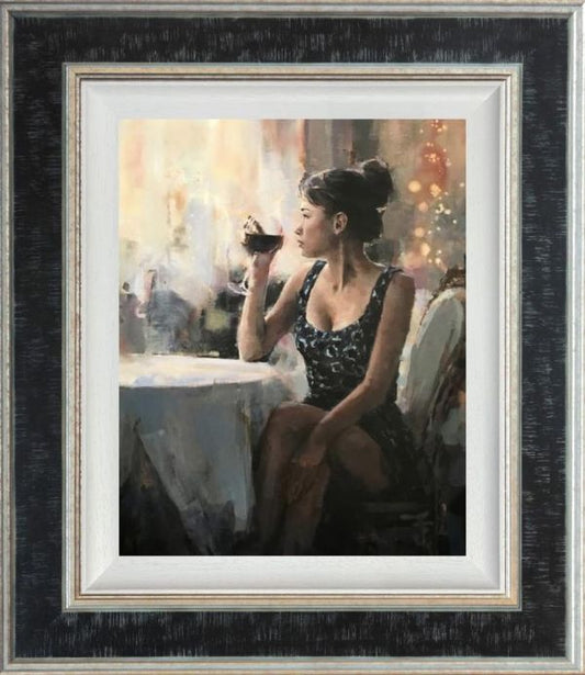 Waiting For You by Tony Hinchliffe, a beautiful limited edition canvas print of a young woman sitting at a table drinking a glass of red wine. Available from The Acorn Gallery in Pocklington. Order online or call us on 01759 307652.