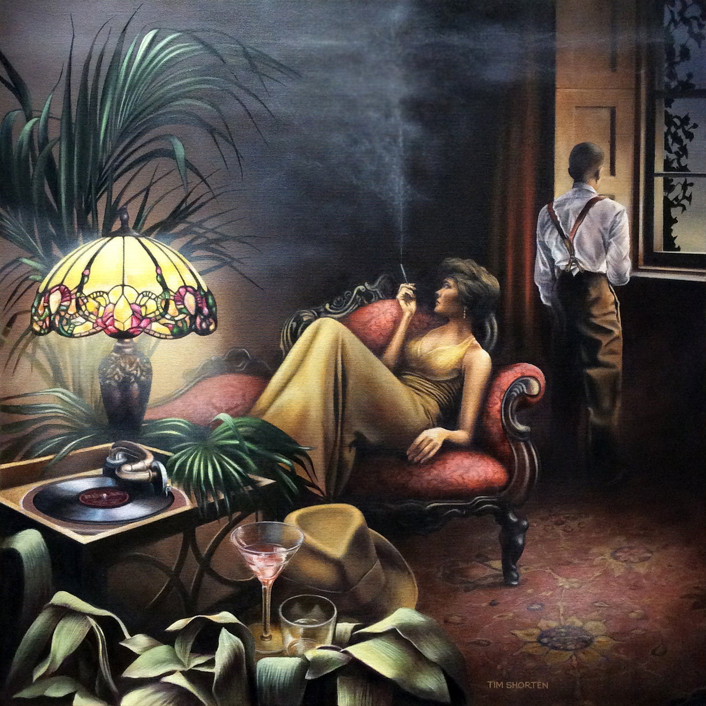 Tim Shorten oil painting Moonlight Reverie showing a couple in quiet contemplation with gramophone and vintage lamp