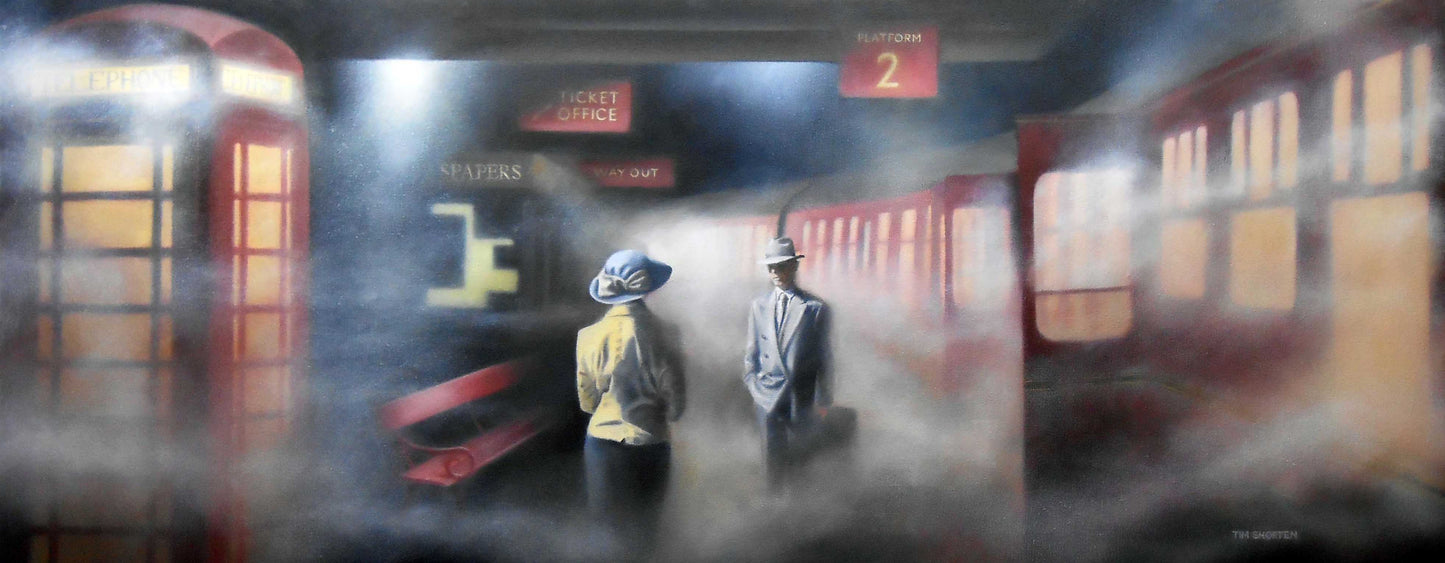 Moving On limited edition giclee print on canvas by Tim Shorten featuring two figures at a foggy train platform with vintage telephone booth and train