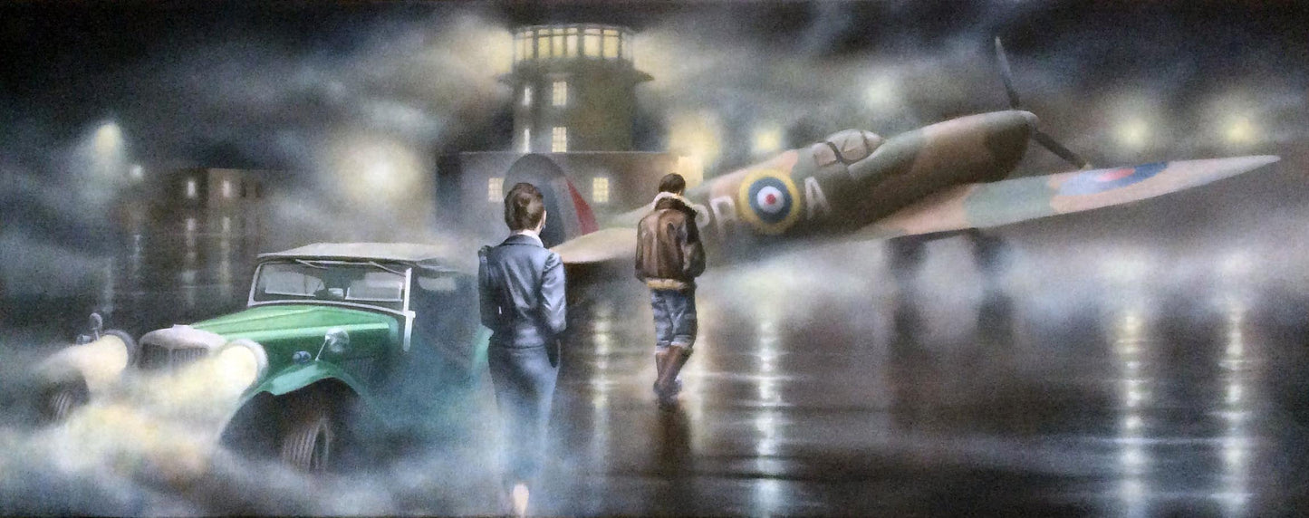 Limited edition giclee on canvas print "My True Love" by Tim Shorten featuring a vintage plane and figures in foggy night scene