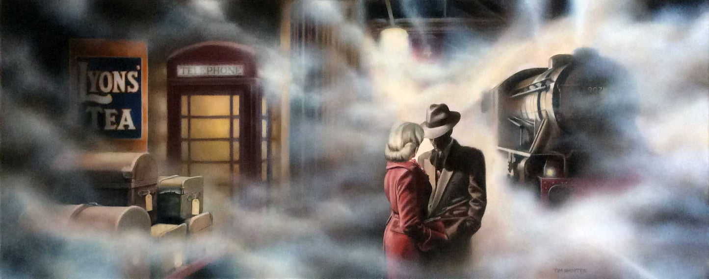 Tim Shorten limited edition print Our Secret showing a couple in vintage attire embracing beside a steam train in a foggy station with a red telephone booth and luggage.