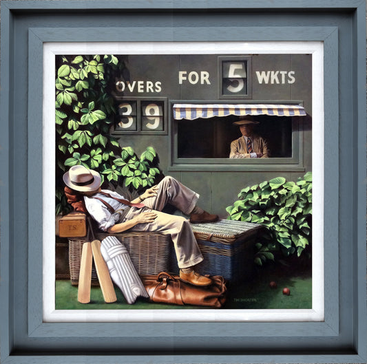 Tim Shorten oil painting of man resting at village cricket match with scoreboard showing 39 overs for 5 wickets