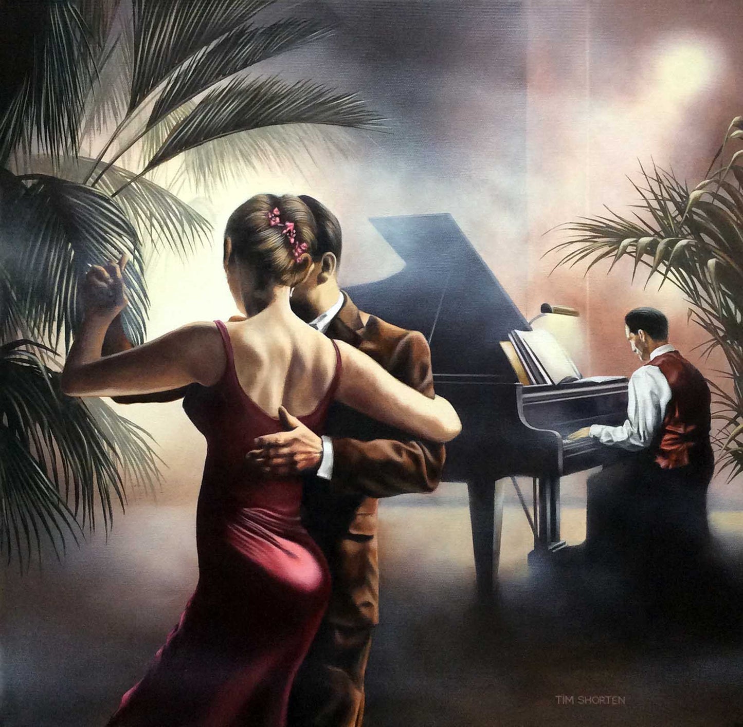Tango Del Amour limited edition print by Tim Shorten featuring a dancing couple and pianist in atmospheric setting