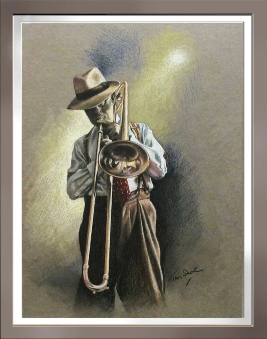Tim Shorten Trombone Player Original Sketch Study - The Acorn Gallery, Pocklington